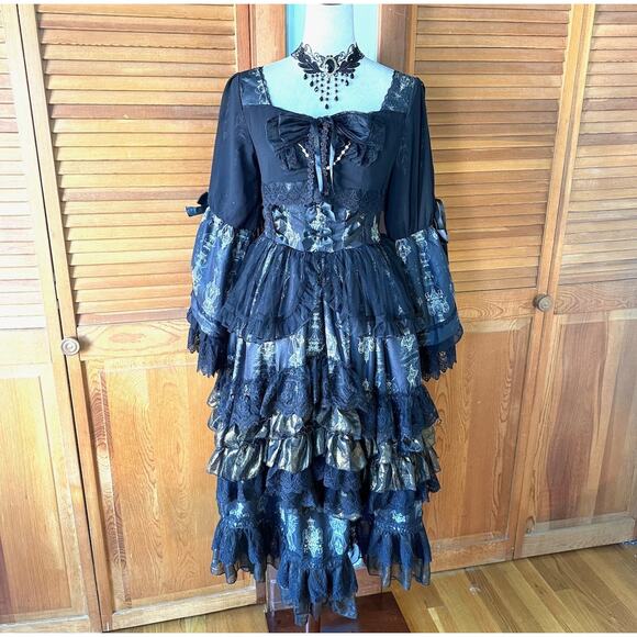 Gothic Lolita Victorian Princess Hime Sama Black & White Dress Gown M - Picture 1 of 9